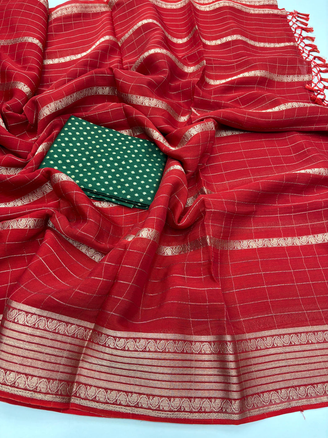 Evocative Function Wear Red Colour Pure Chinon Zari Silk With Chex Weaving Butti Work Designer Jacquard Border Saree For Women