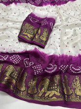 Load image into Gallery viewer, Desirable Party Wear White Colour Cotton Silk Kanjivaram Bandhani Print Fancy Designer Saree For Wedding
