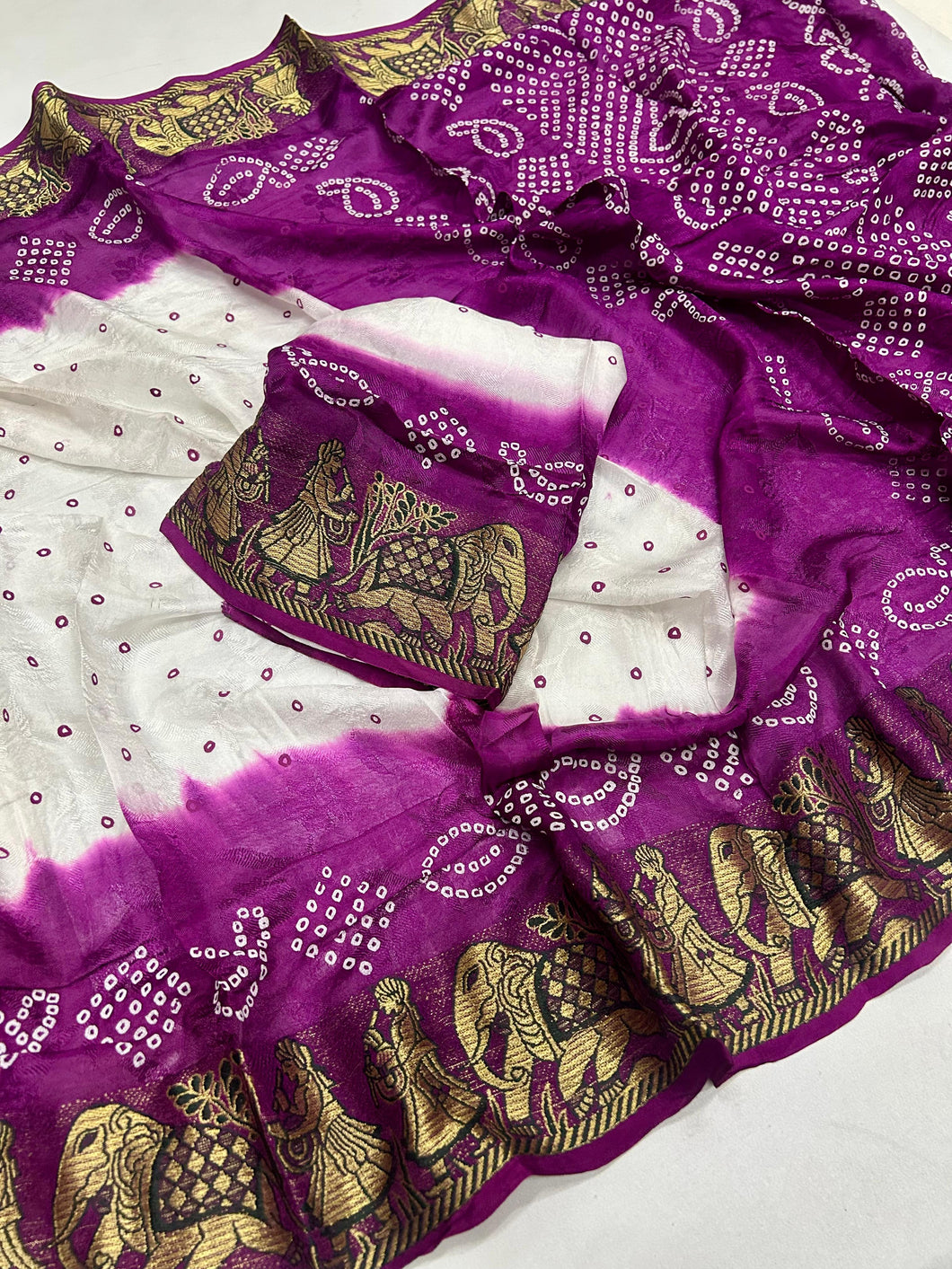 Desirable Party Wear White Colour Cotton Silk Kanjivaram Bandhani Print Fancy Designer Saree For Wedding