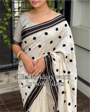 Load image into Gallery viewer, Exquisite Function Wear Tussar Silk Thread Embroidered Polka Dots Work Contrast Border With Zari Weaving Saree For Women

