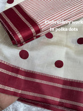Load image into Gallery viewer, Exquisite Function Wear Tussar Silk Thread Embroidered Polka Dots Work Contrast Border With Zari Weaving Saree For Women
