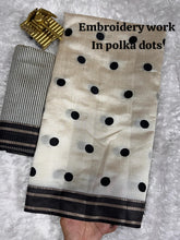 Load image into Gallery viewer, Exquisite Function Wear Tussar Silk Thread Embroidered Polka Dots Work Contrast Border With Zari Weaving Saree For Women
