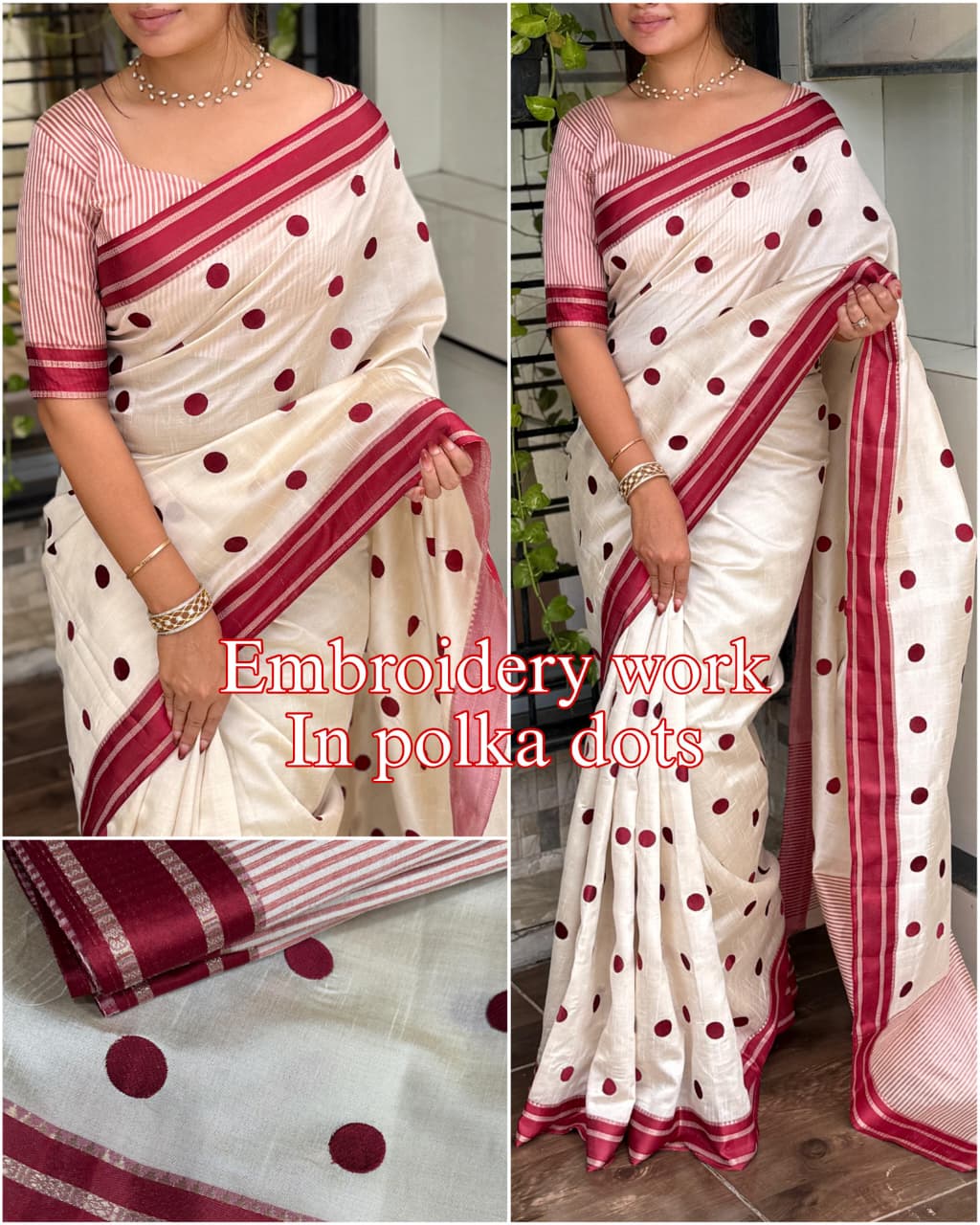 Exquisite Function Wear Tussar Silk Thread Embroidered Polka Dots Work Contrast Border With Zari Weaving Saree For Women