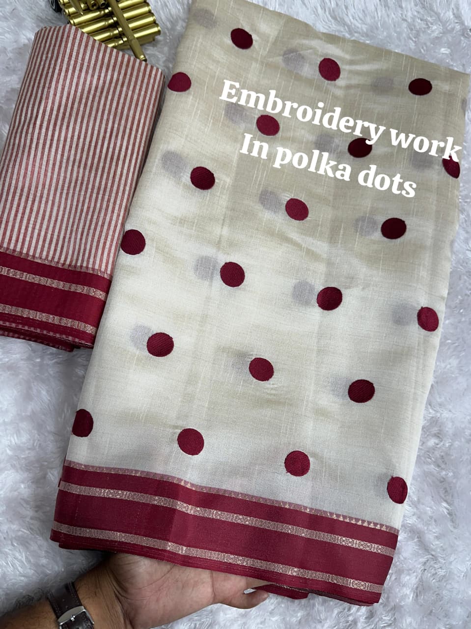 Exquisite Function Wear Tussar Silk Thread Embroidered Polka Dots Work Contrast Border With Zari Weaving Saree For Women