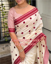 Load image into Gallery viewer, Exquisite Function Wear Tussar Silk Thread Embroidered Polka Dots Work Contrast Border With Zari Weaving Saree For Women
