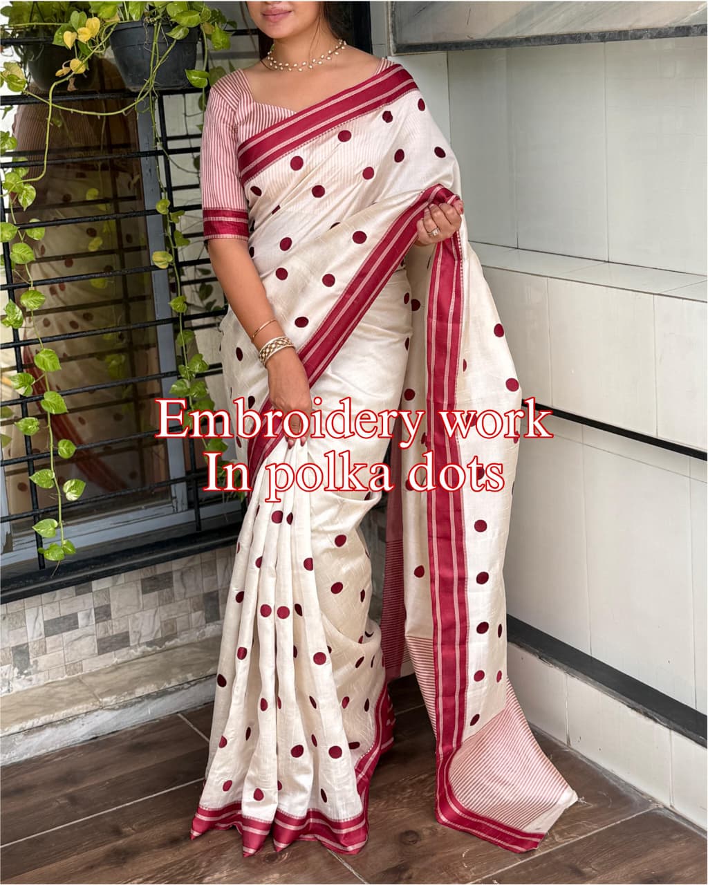 Exquisite Function Wear Tussar Silk Thread Embroidered Polka Dots Work Contrast Border With Zari Weaving Saree For Women