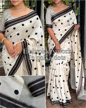 Load image into Gallery viewer, Exquisite Function Wear Tussar Silk Thread Embroidered Polka Dots Work Contrast Border With Zari Weaving Saree For Women
