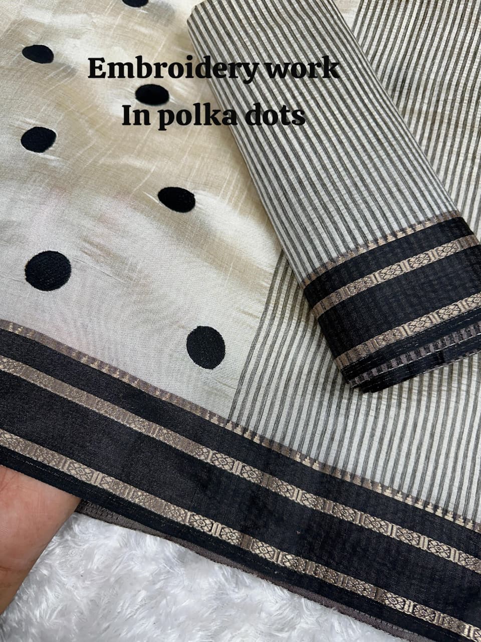 Exquisite Function Wear Tussar Silk Thread Embroidered Polka Dots Work Contrast Border With Zari Weaving Saree For Women