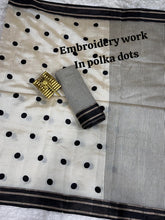 Load image into Gallery viewer, Exquisite Function Wear Tussar Silk Thread Embroidered Polka Dots Work Contrast Border With Zari Weaving Saree For Women
