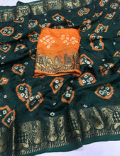 Load image into Gallery viewer, Innovative Party Wear Green Colour Cotton Silk Kanjivaram Bandhani Print Fancy Designer Saree For Women
