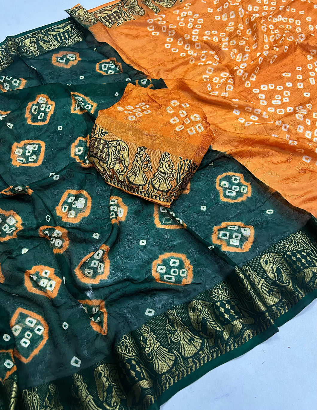 Innovative Party Wear Green Colour Cotton Silk Kanjivaram Bandhani Print Fancy Designer Saree For Women