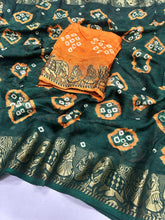 Load image into Gallery viewer, Innovative Party Wear Green Colour Cotton Silk Kanjivaram Bandhani Print Fancy Designer Saree For Women
