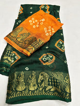 Load image into Gallery viewer, Innovative Party Wear Green Colour Cotton Silk Kanjivaram Bandhani Print Fancy Designer Saree For Women
