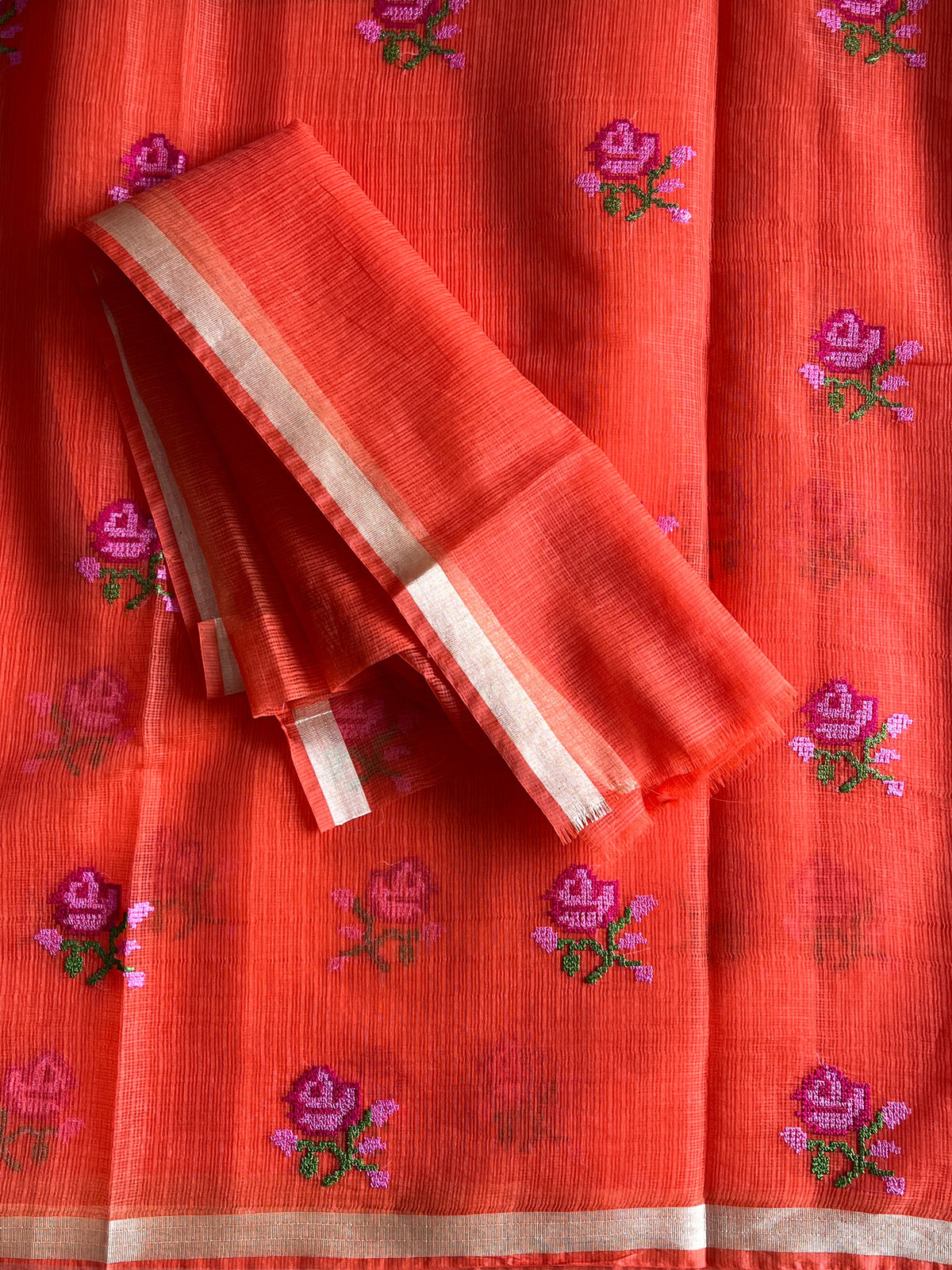 Phenomenal Orange Color Pure Kota Doriya Embroidery n Zari Border Work Fancy Designer Saree with Unstitched Blouse Piece