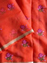 Load image into Gallery viewer, Phenomenal Orange Color Pure Kota Doriya Embroidery n Zari Border Work Fancy Designer Saree with Unstitched Blouse Piece
