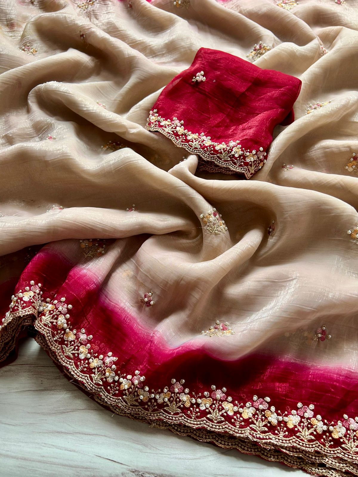 Glamorous Party Wear Double Shaded Crunchy Chiffon Crush Silk Embroidery Work Partywear Fancy Designer Saree With Contrast Blouse