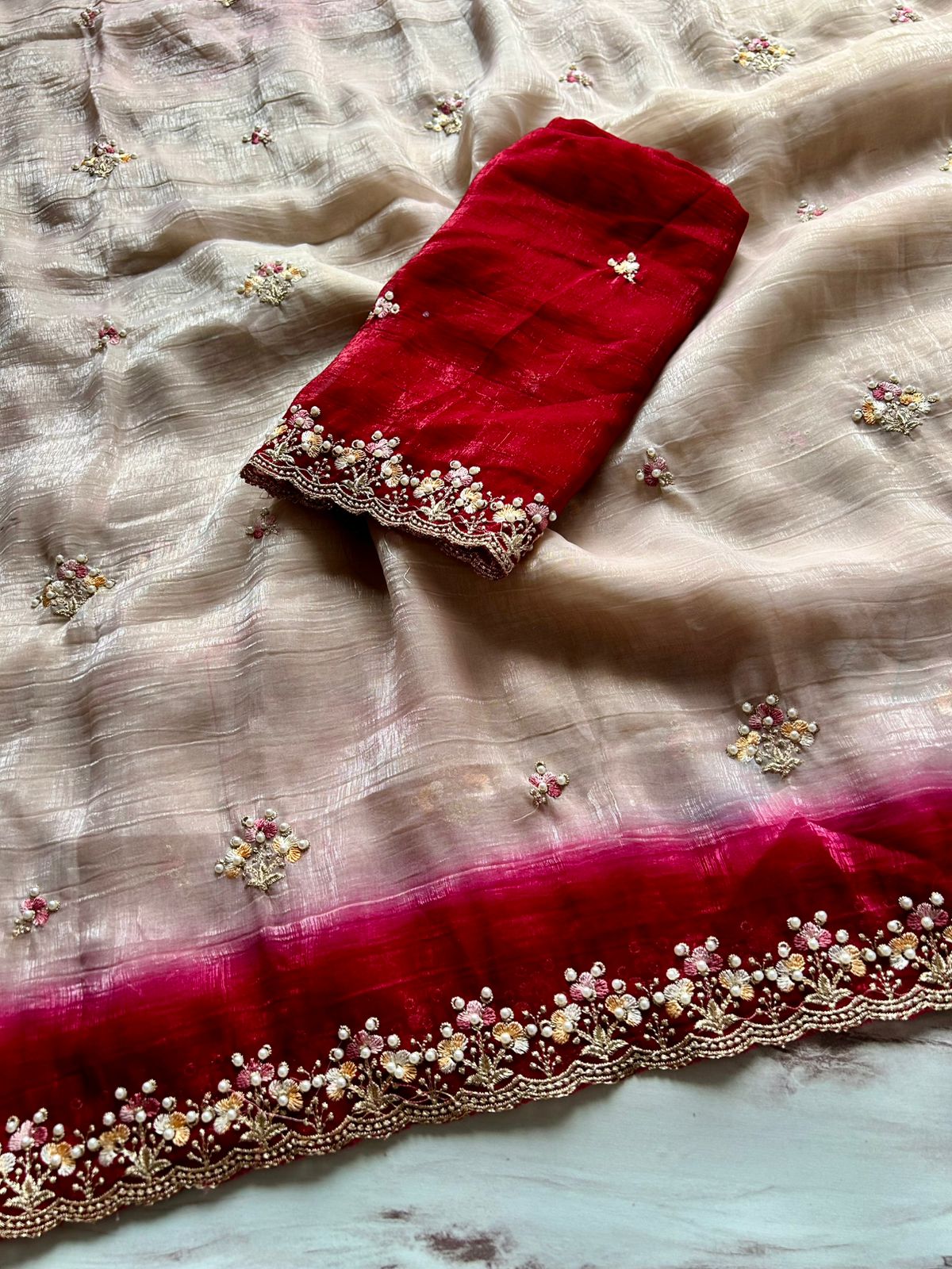 Glamorous Party Wear Double Shaded Crunchy Chiffon Crush Silk Embroidery Work Partywear Fancy Designer Saree With Contrast Blouse