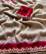 Load image into Gallery viewer, Glamorous Party Wear Double Shaded Crunchy Chiffon Crush Silk Embroidery Work Partywear Fancy Designer Saree With Contrast Blouse
