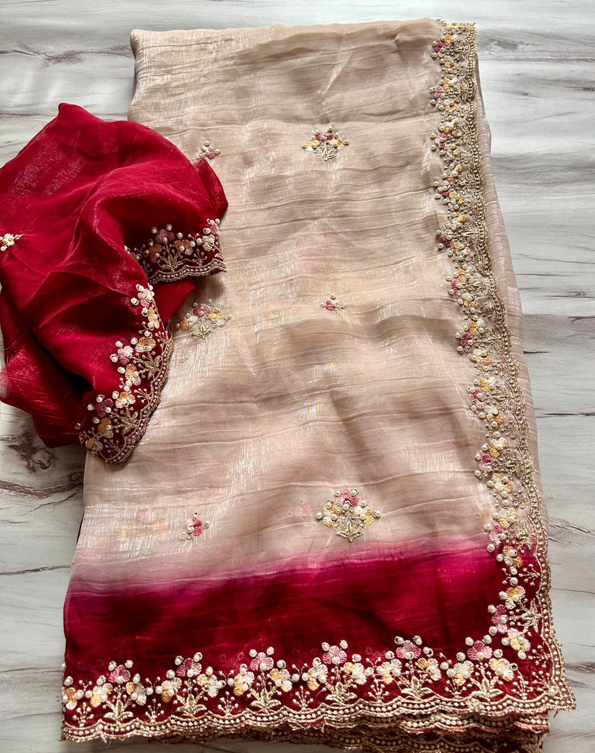 Glamorous Party Wear Double Shaded Crunchy Chiffon Crush Silk Embroidery Work Partywear Fancy Designer Saree With Contrast Blouse