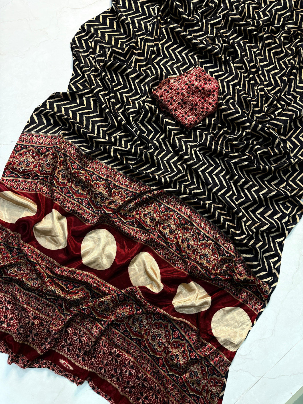 Pure Satin Crepe Ajrak Printed Rich Pallu Work Fancy Designer Function Wear Saree With Blouse