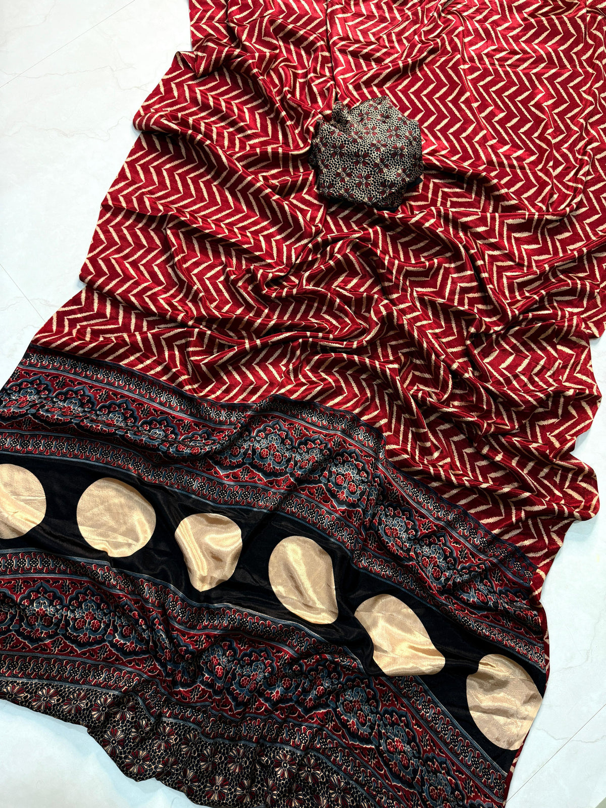 Pure Satin Crepe Ajrak Printed Rich Pallu Work Fancy Designer Function Wear Saree With Blouse