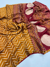 Load image into Gallery viewer, Pure Satin Crepe Ajrak Printed Rich Pallu Work Fancy Designer Function Wear Saree With Blouse
