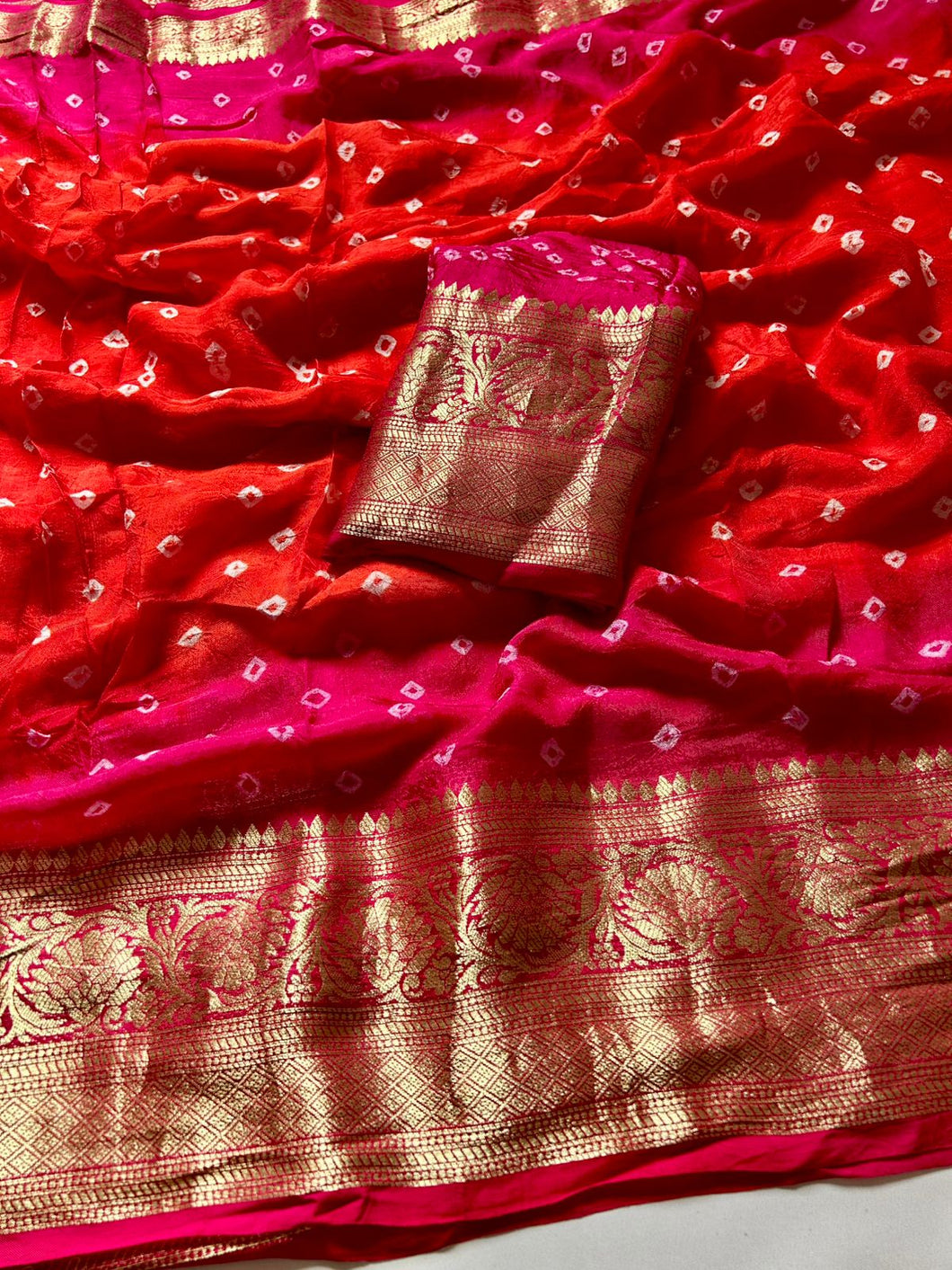 Mellifluous Party Wear Double Shaded Cotton Silk Kanjivaram Bandhani Print Fancy Designer Saree For Wedding