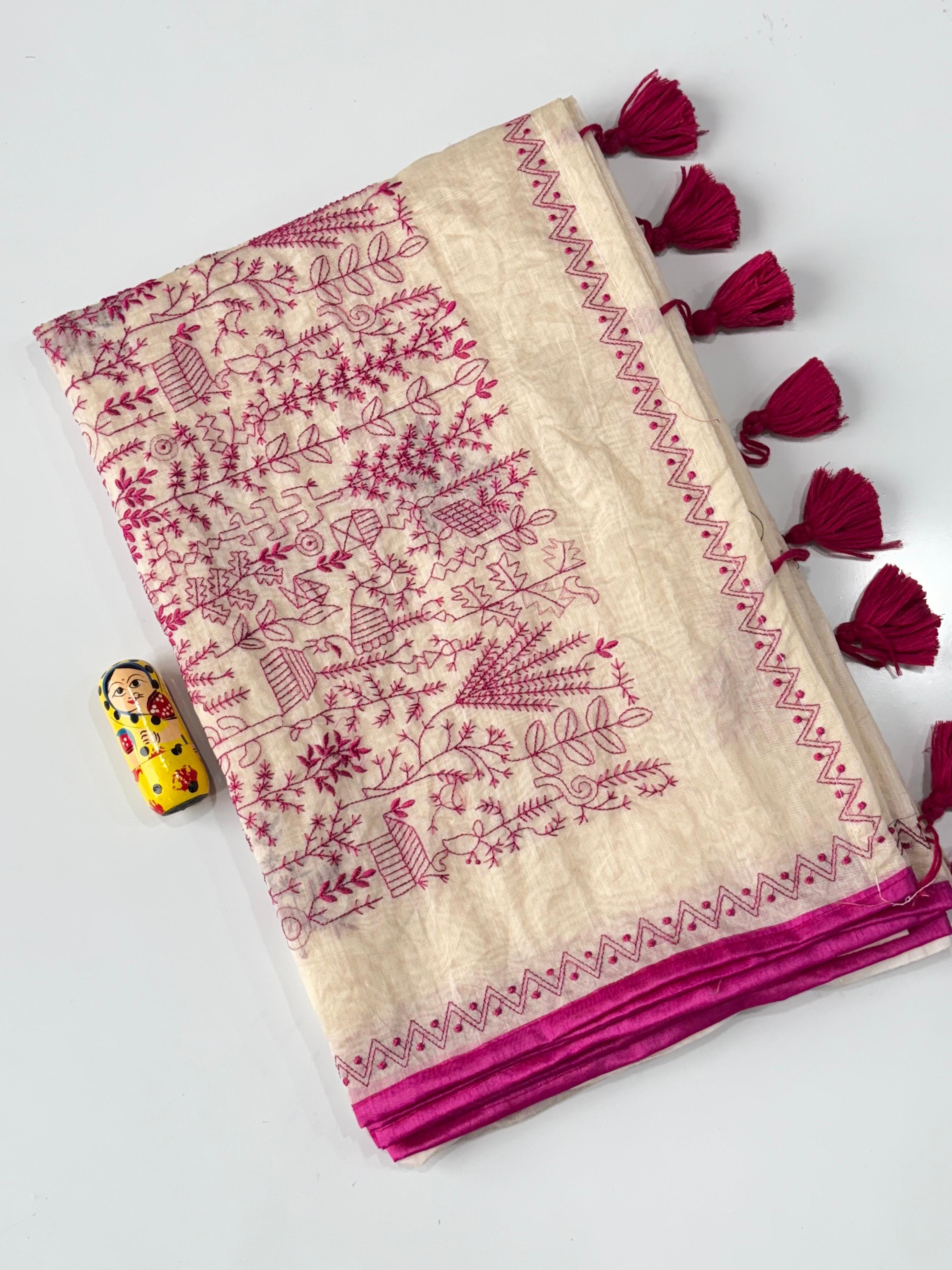 Charismatic Function Wear Chanderi Cotton Heavy Embroidered n Tussels Work Fancy Saree With Blouse