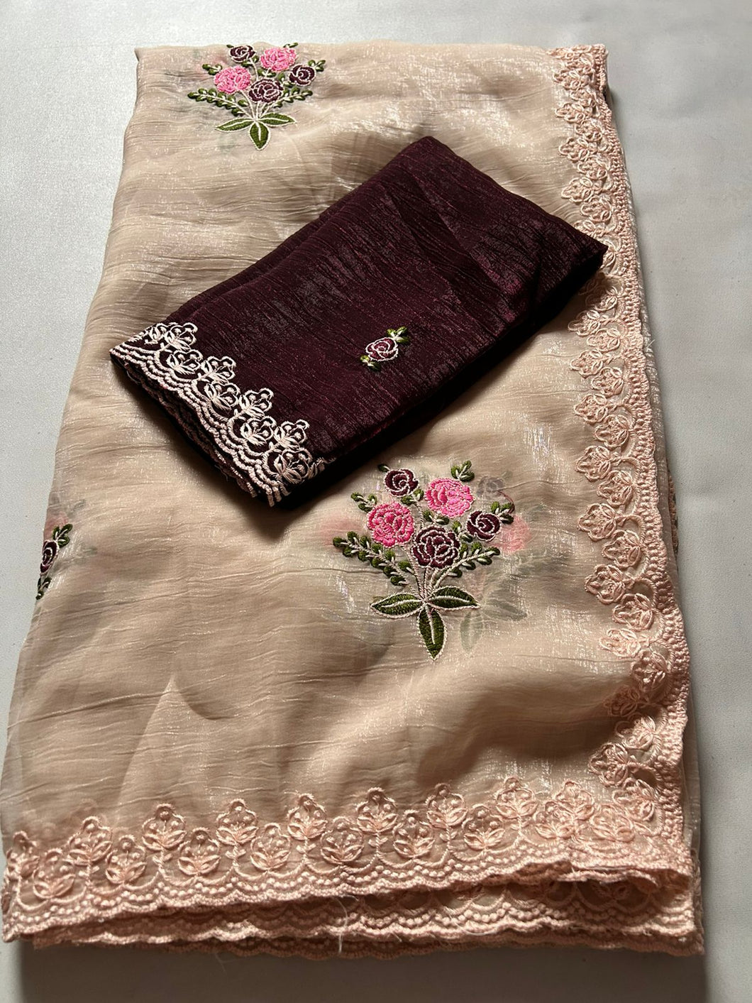 New Partywear Golden Color Pure Crush Silk Embroidery n Cut Work Fancy Designer Saree With Blouse