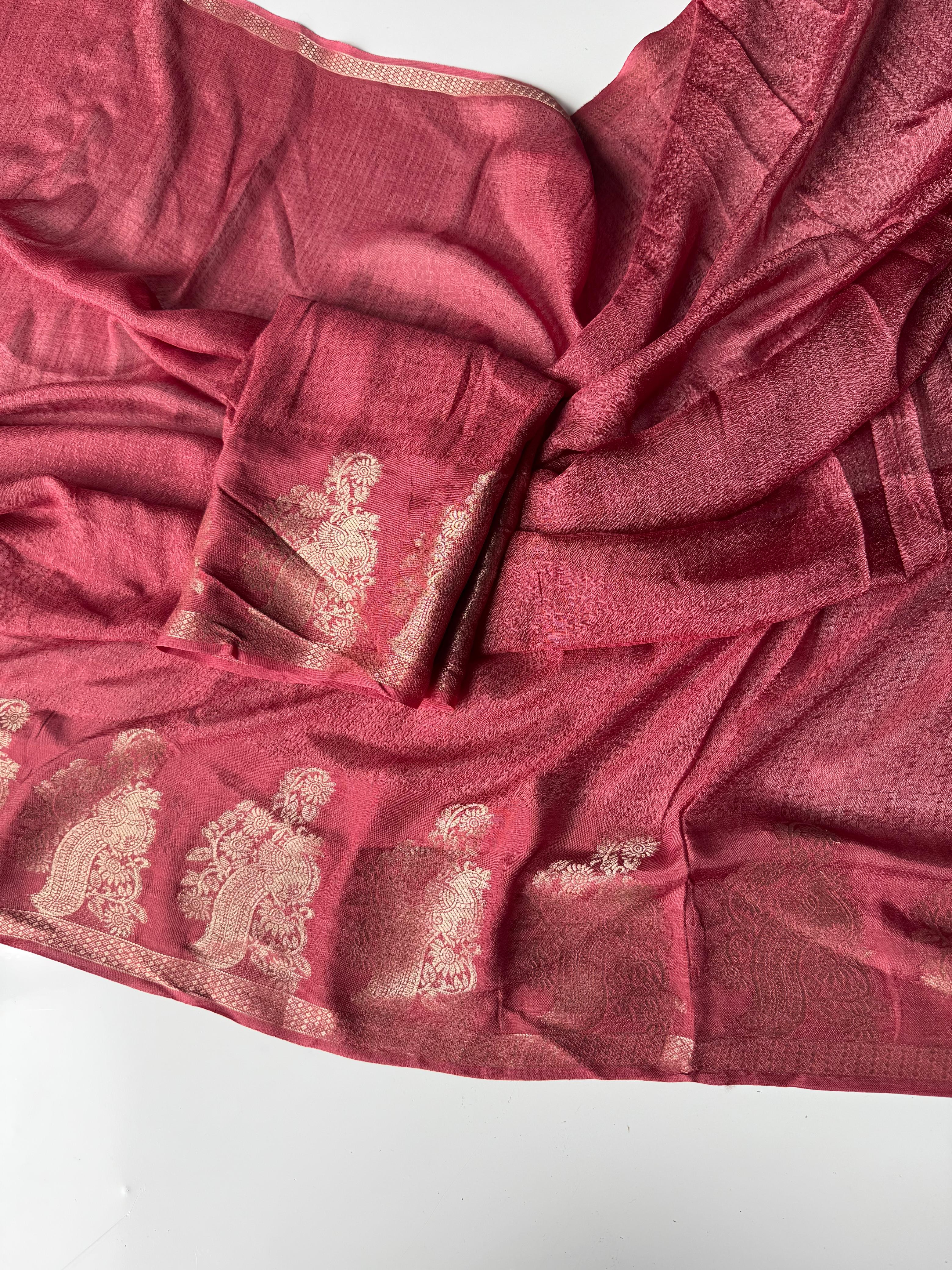 Whimsical Cherry Pink Jacquard Work Pure Soft Viscose Silk Saree With Desiring Blouse Piece