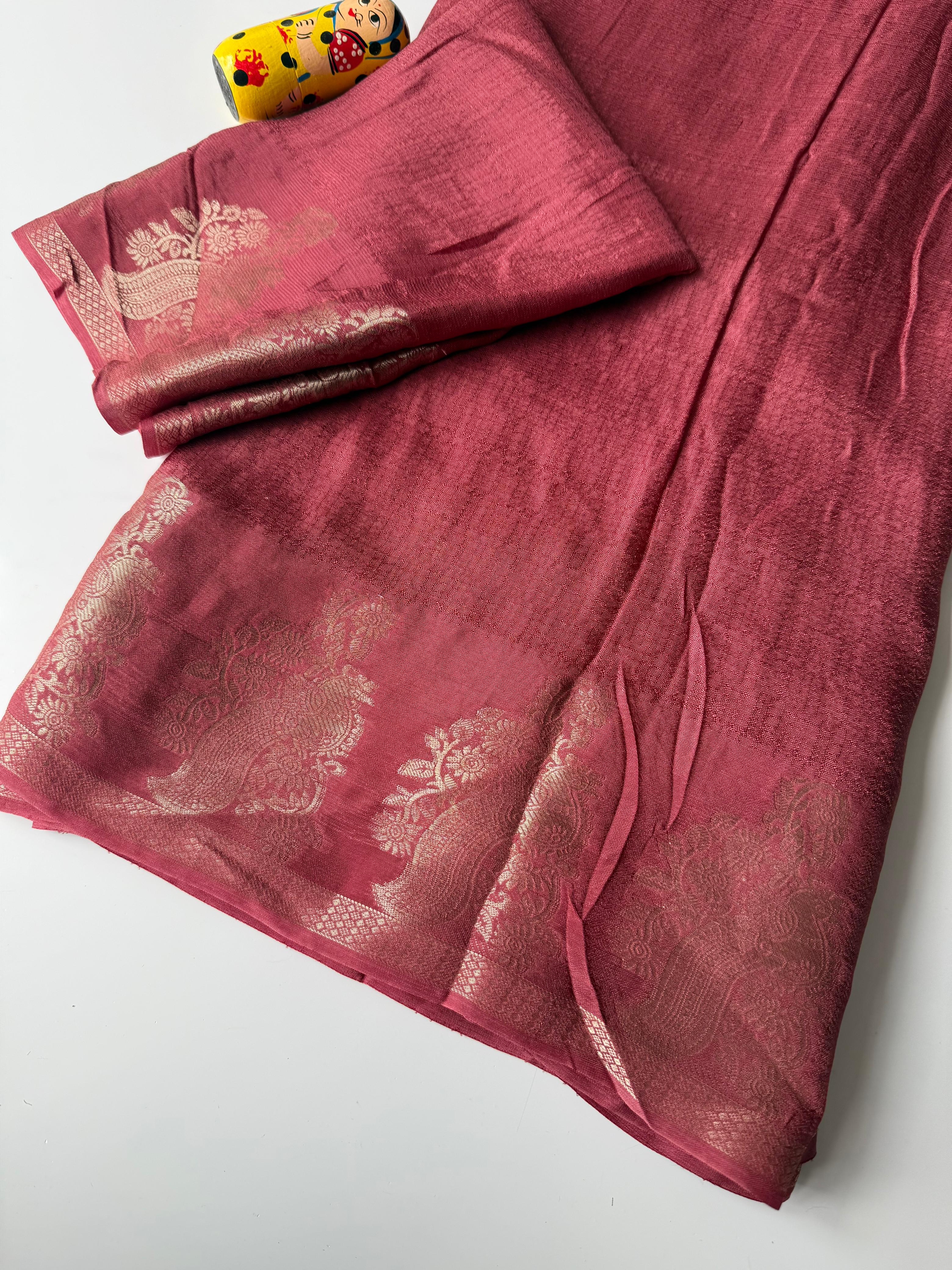 Whimsical Cherry Pink Jacquard Work Pure Soft Viscose Silk Saree With Desiring Blouse Piece