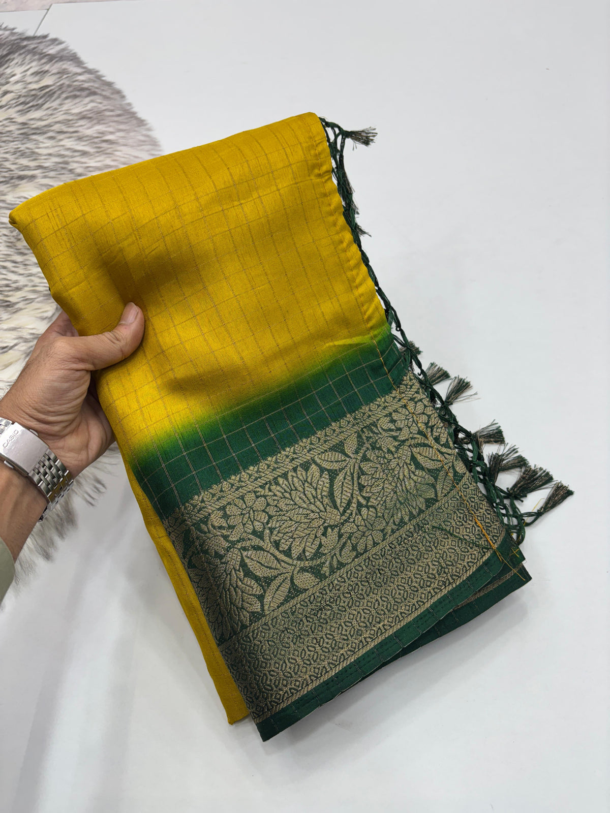 New Yellow Color Pure Dola Silk Jacquard Weaving With Tassles Work Fancy Designer Saree With Classic Blouse Piece