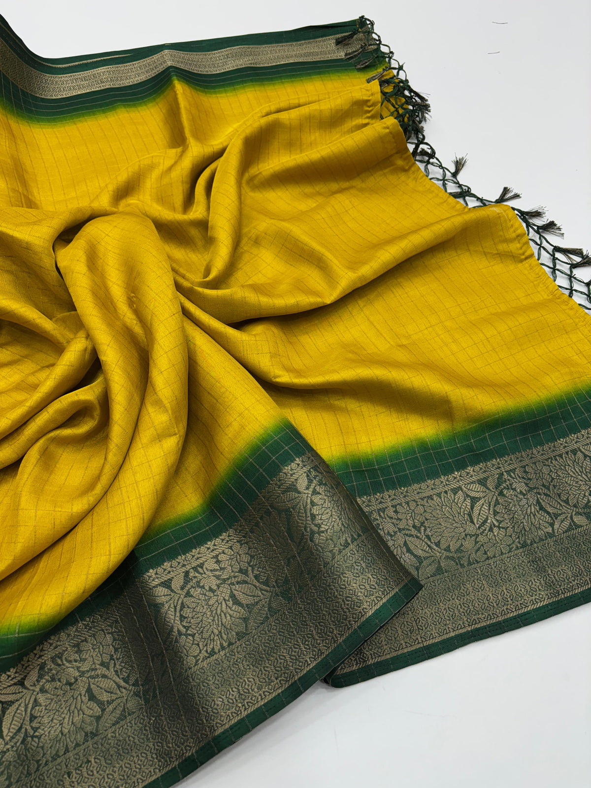 New Yellow Color Pure Dola Silk Jacquard Weaving With Tassles Work Fancy Designer Saree With Classic Blouse Piece