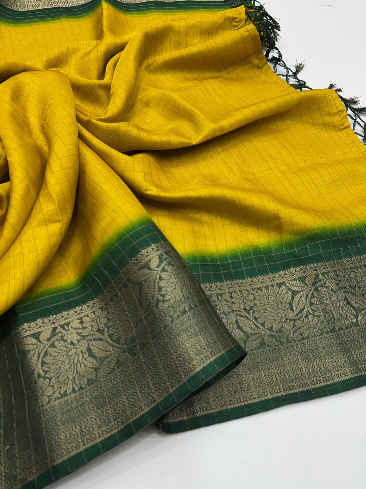 New Yellow Color Pure Dola Silk Jacquard Weaving With Tassles Work Fancy Designer Saree With Classic Blouse Piece