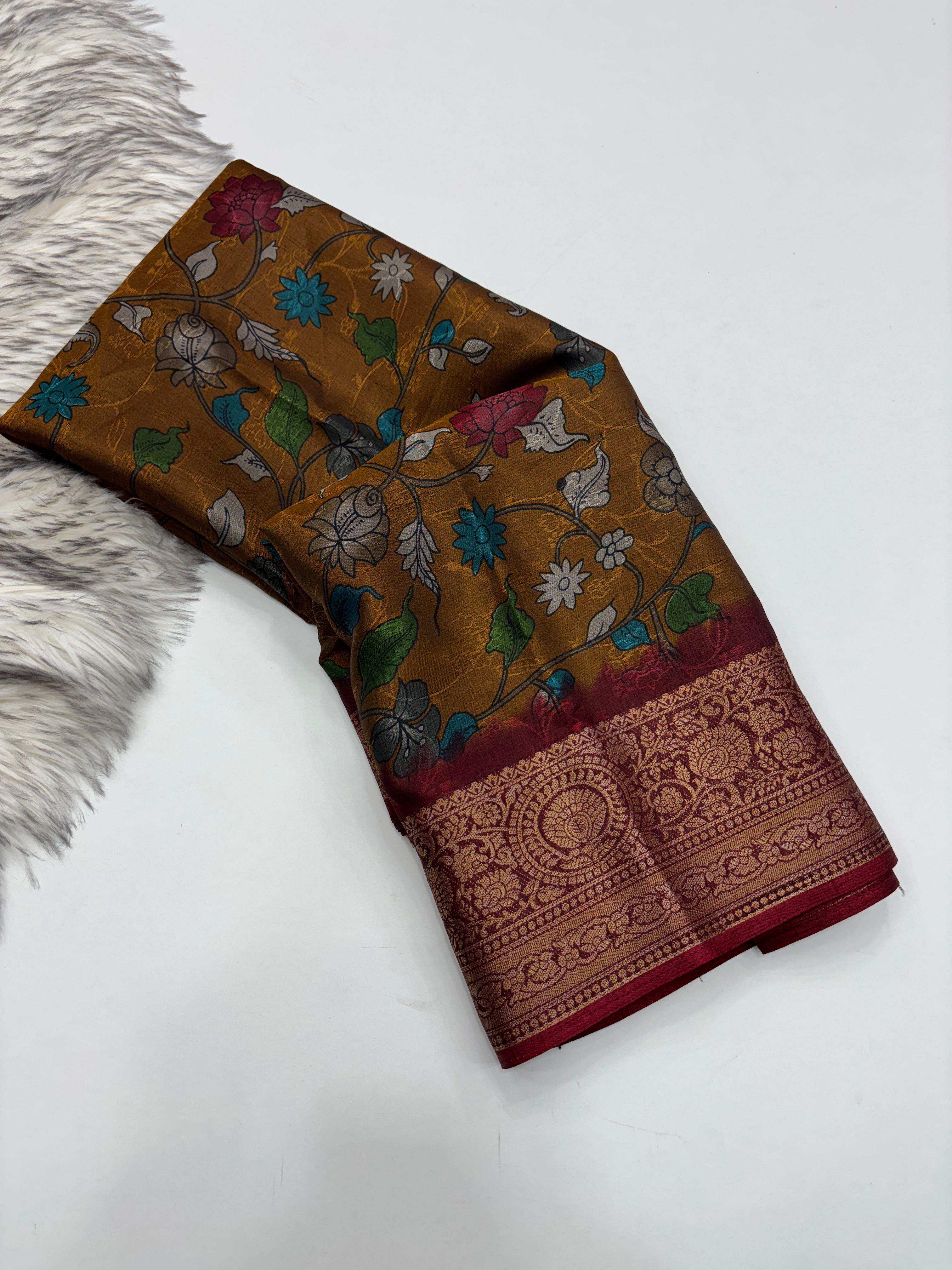 Latest Festive Wear Gold Color Dola Silk Jacquard Zari n Print Work Fancy Designer Saree With Blouse