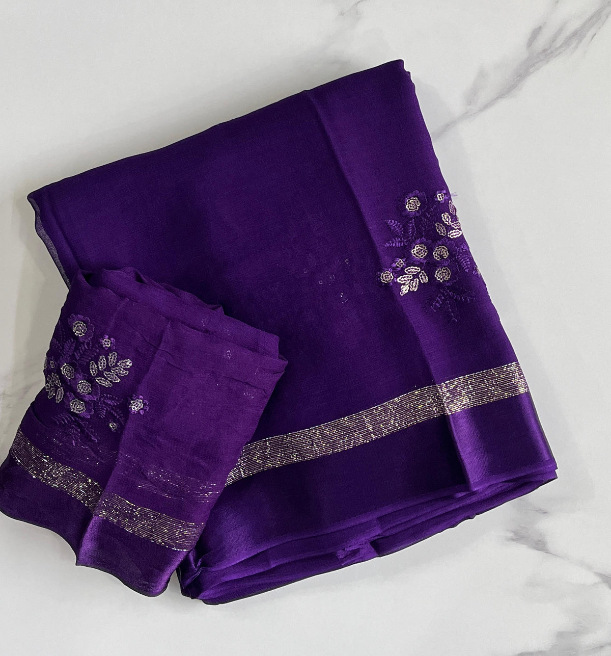 Glamorous Blue Color Pure Viscose Georgette Fabric With Satin Border n Sequence Work Saree With Ravishing Blouse Piece