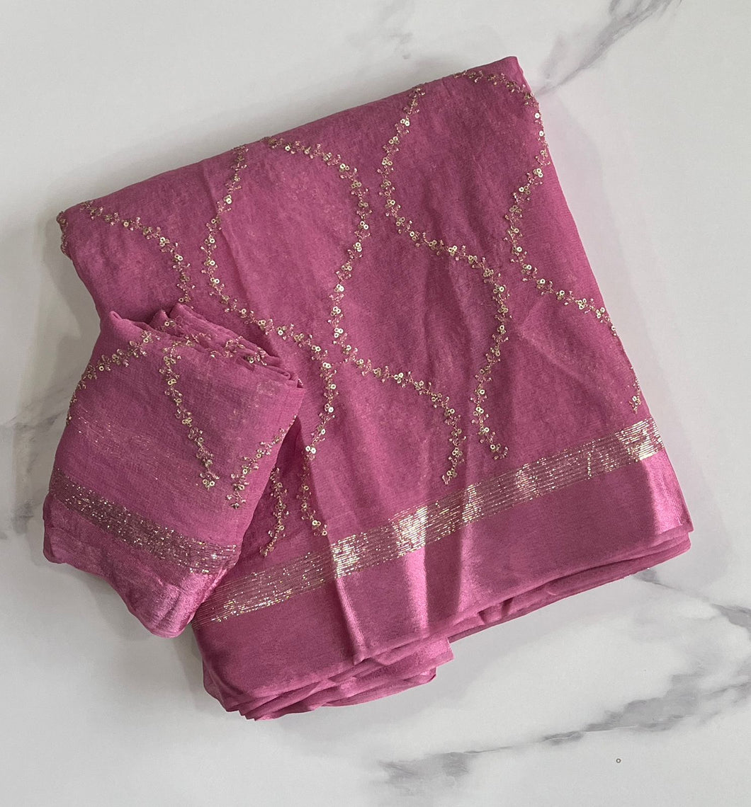 Charming Lavender Colour Pure Viscose Georgette Fabric With Satin Border n Embroidered Work Saree With Blissful Blouse Piece