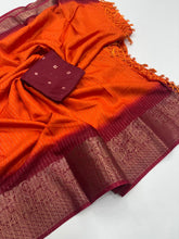 Load image into Gallery viewer, New Festive Wear Orange Color Pure Dola Silk Jacquard Weaving n Jhalar Work Fancy Designer Saree
