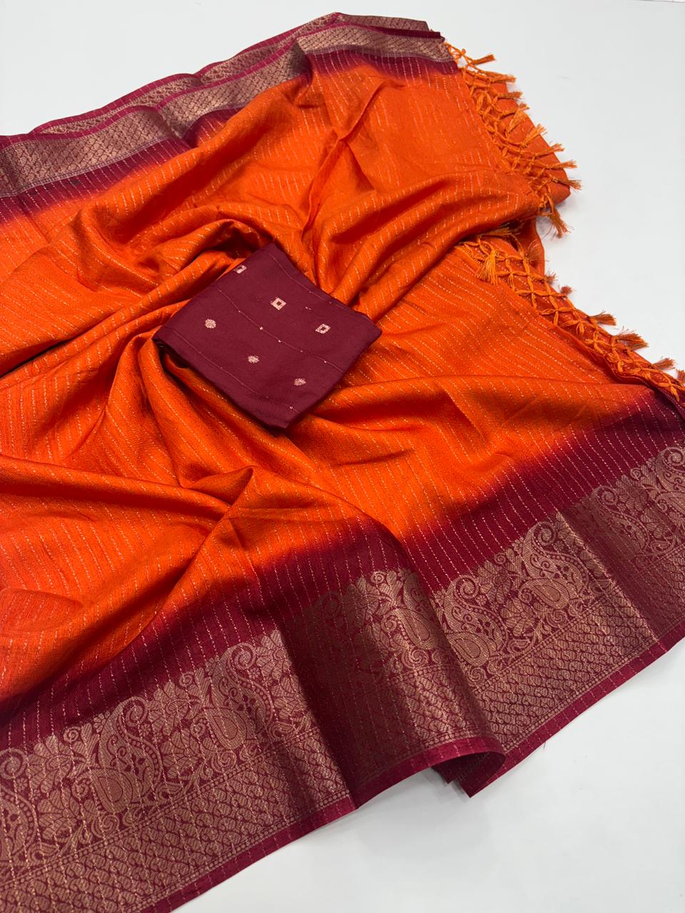 New Festive Wear Orange Color Pure Dola Silk Jacquard Weaving n Jhalar Work Fancy Designer Saree