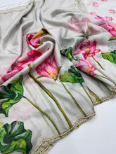 Load image into Gallery viewer, Demanding Grey Print n Hand Work Heavy Pure Tebbi Silk Saree With Pleasurable Blouse Piece
