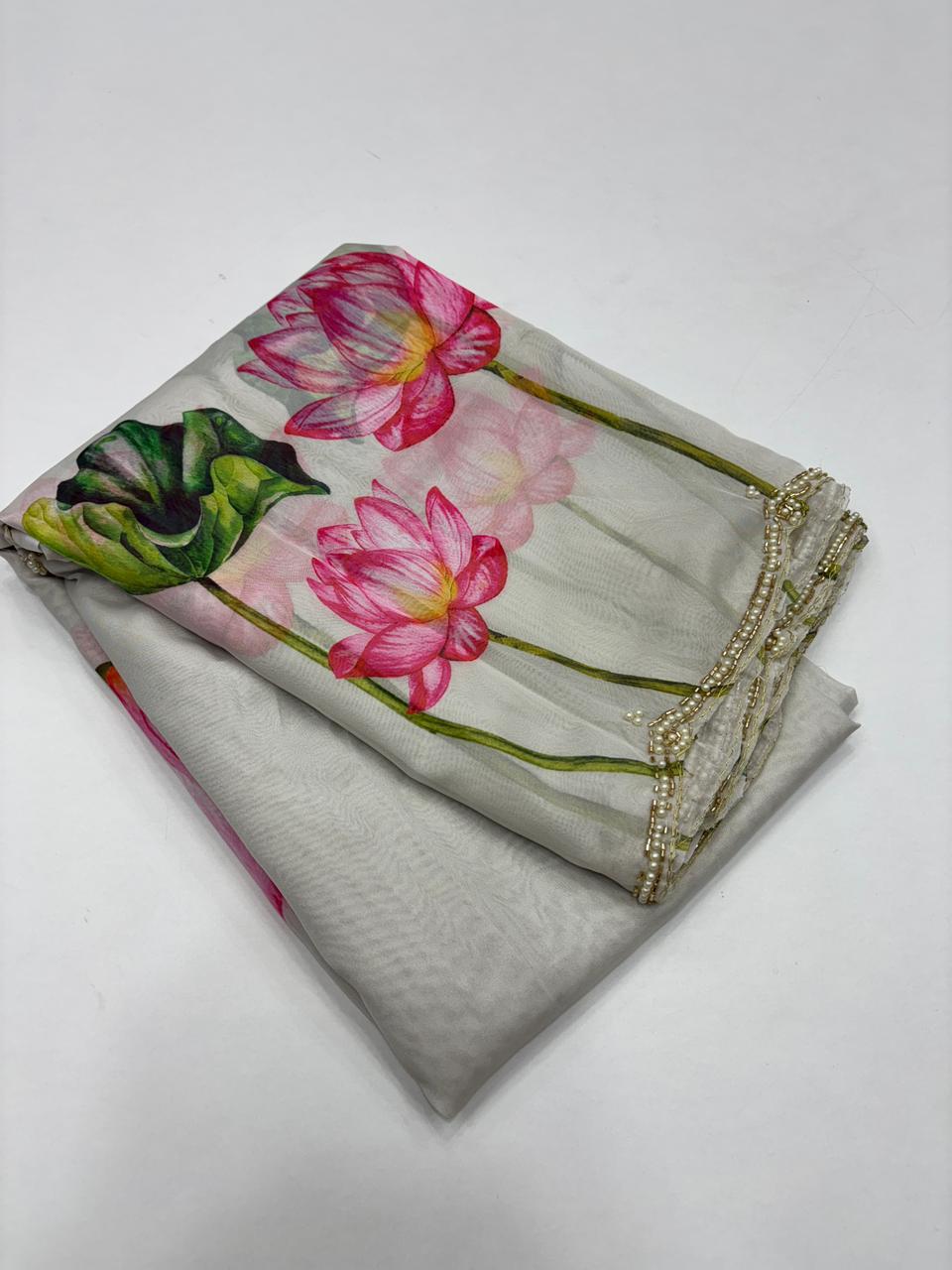 Demanding Grey Print n Hand Work Heavy Pure Silk Saree With Pleasurable Blouse Piece