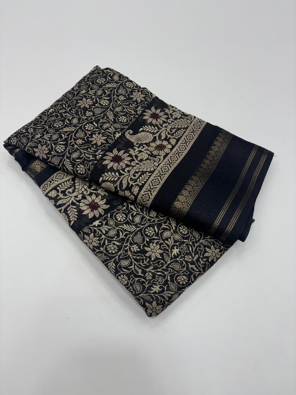 Charming Pure Soft Cotton Silk Print With Jacquard Border Work Saree With Blissful Blouse Piece