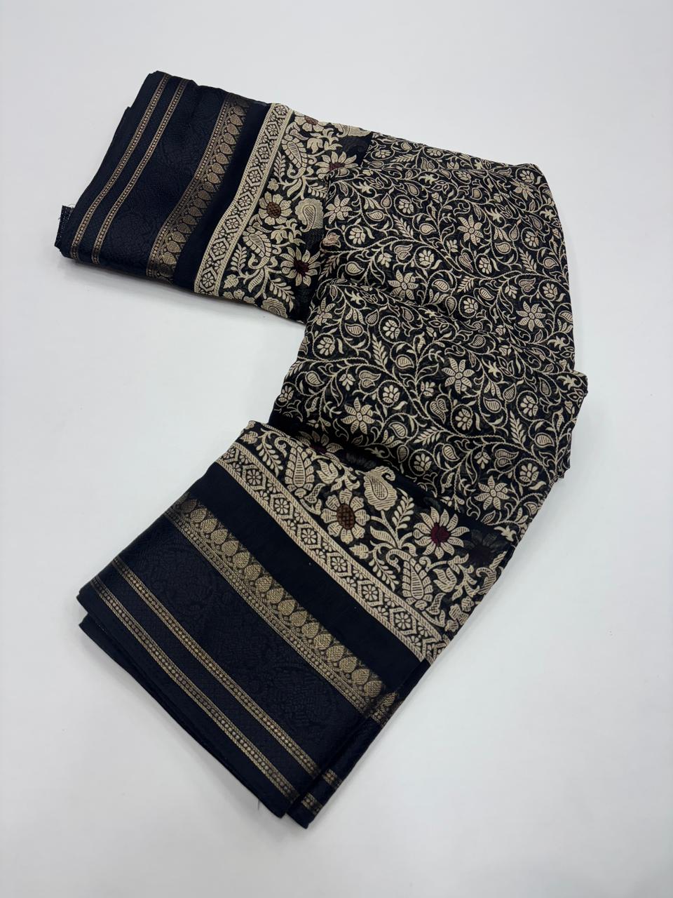 Charming Pure Soft Cotton Silk Print With Jacquard Border Work Saree With Blissful Blouse Piece