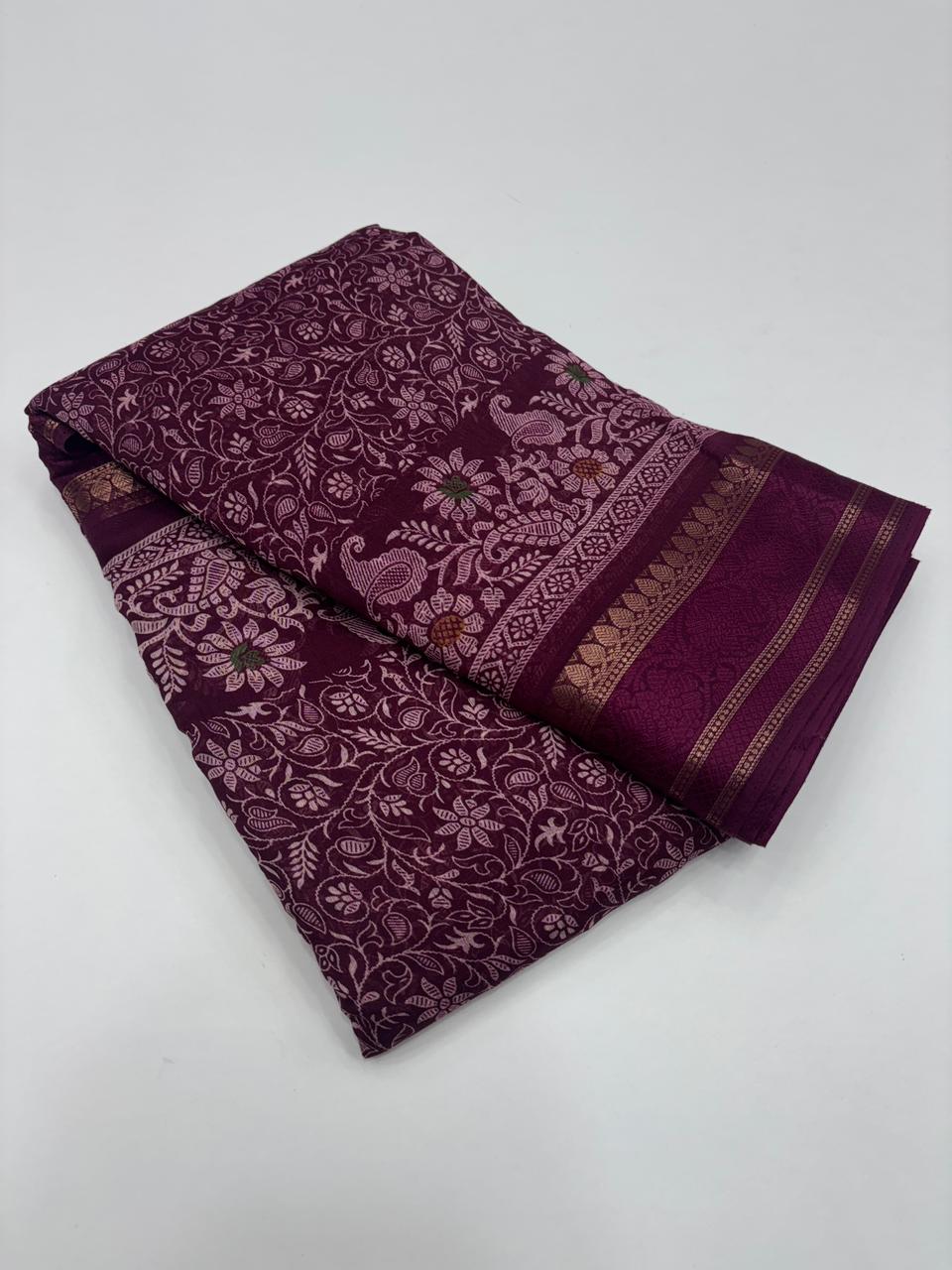 Charming Pure Soft Cotton Silk Print With Jacquard Border Work Saree With Blissful Blouse Piece