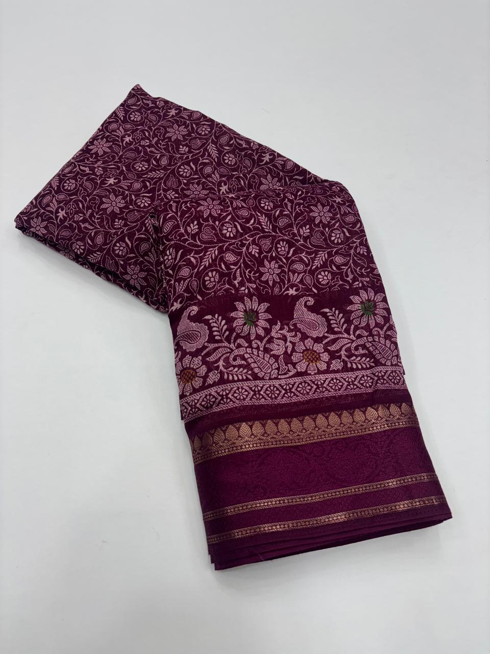 Charming Pure Soft Cotton Silk Print With Jacquard Border Work Saree With Blissful Blouse Piece