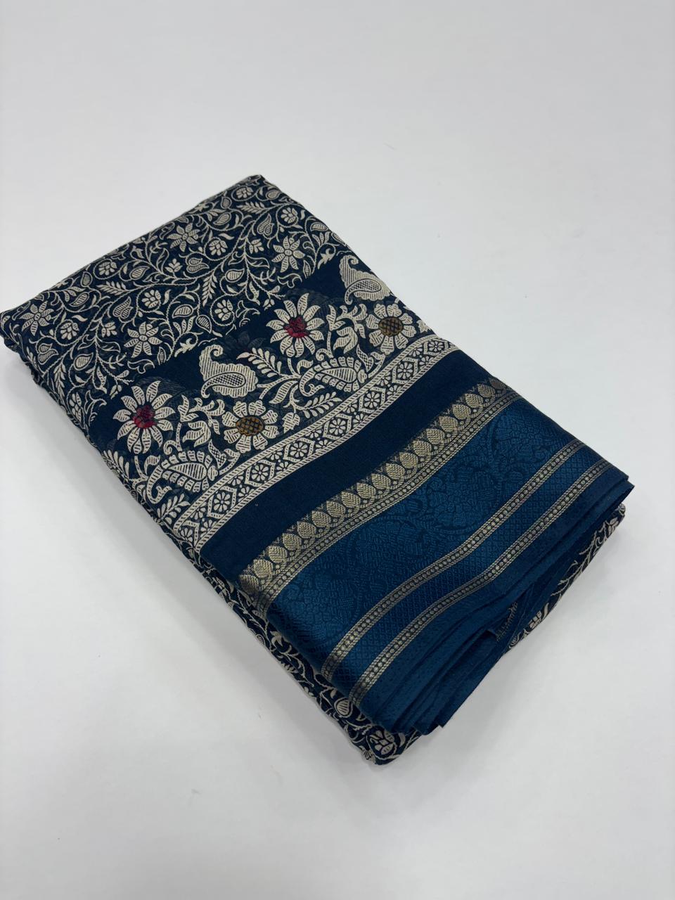 Charming Pure Soft Cotton Silk Print With Jacquard Border Work Saree With Blissful Blouse Piece