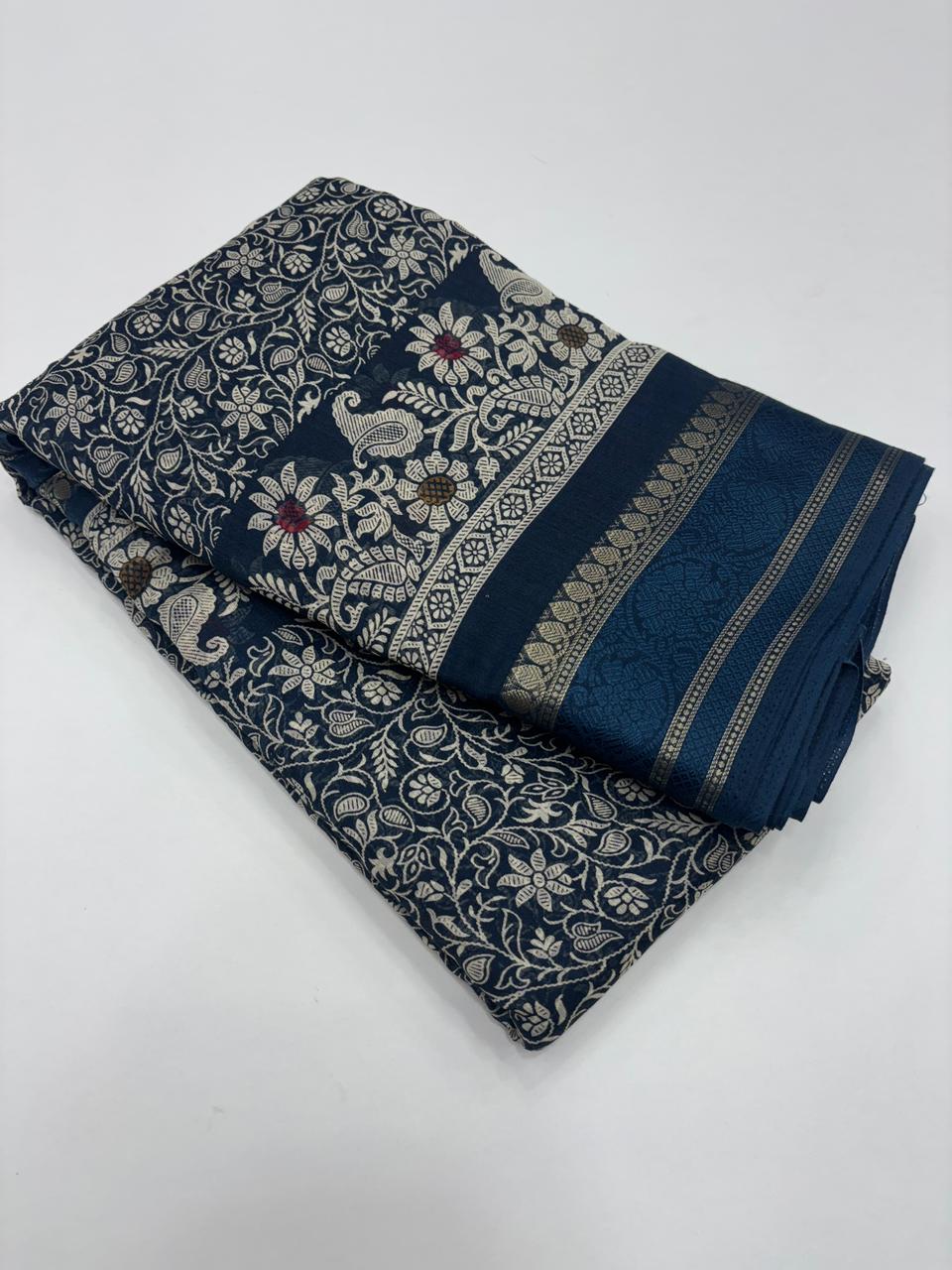 Charming Pure Soft Cotton Silk Print With Jacquard Border Work Saree With Blissful Blouse Piece