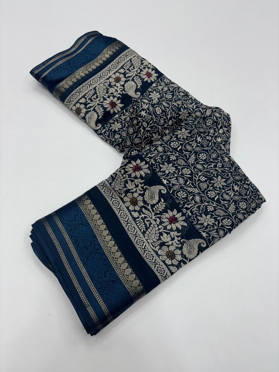 Charming Pure Soft Cotton Silk Print With Jacquard Border Work Saree With Blissful Blouse Piece