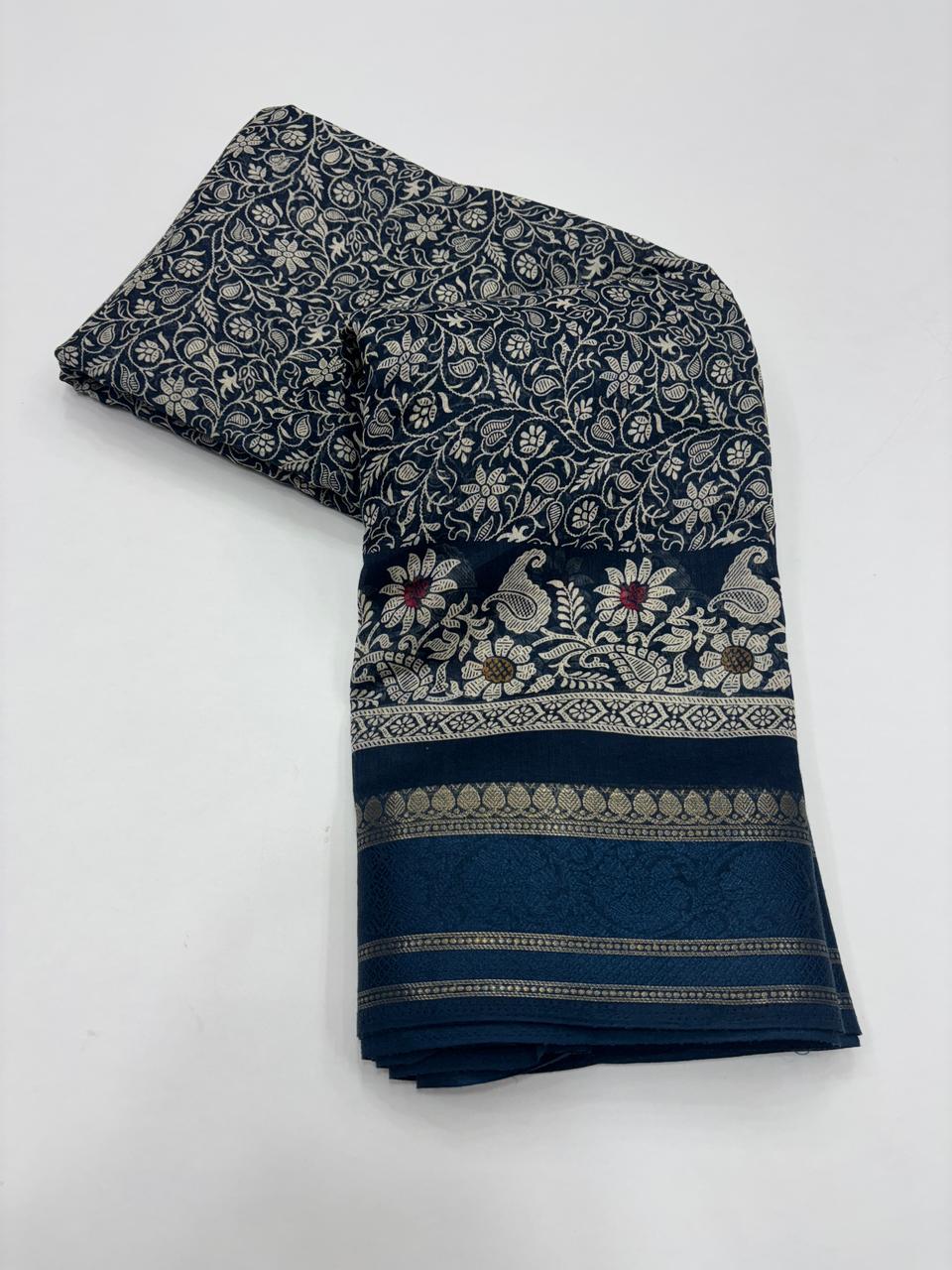 Charming Pure Soft Cotton Silk Print With Jacquard Border Work Saree With Blissful Blouse Piece