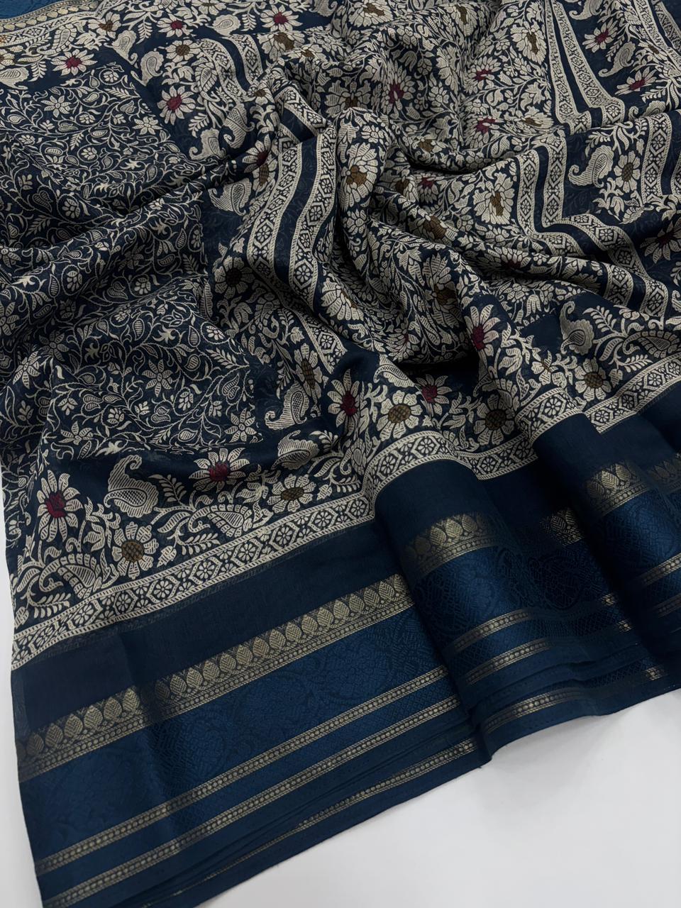 Charming Pure Soft Cotton Silk Print With Jacquard Border Work Saree With Blissful Blouse Piece